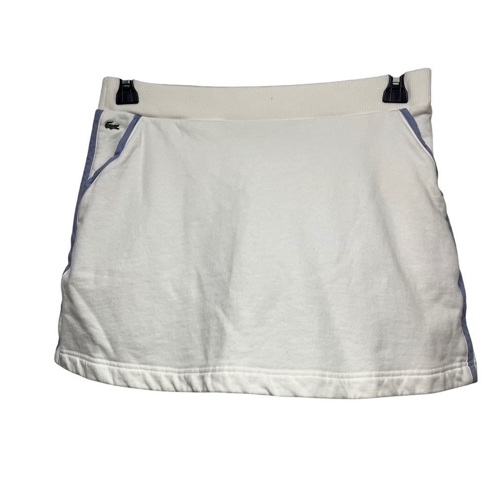 Lacoste Women White Cotton French Terry Cloth Mini Skirt Blue Piping Size 40